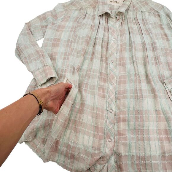Free People we the free Lela green Plaid Buttondown Metallic Tunic size large - Picture 6 of 8
